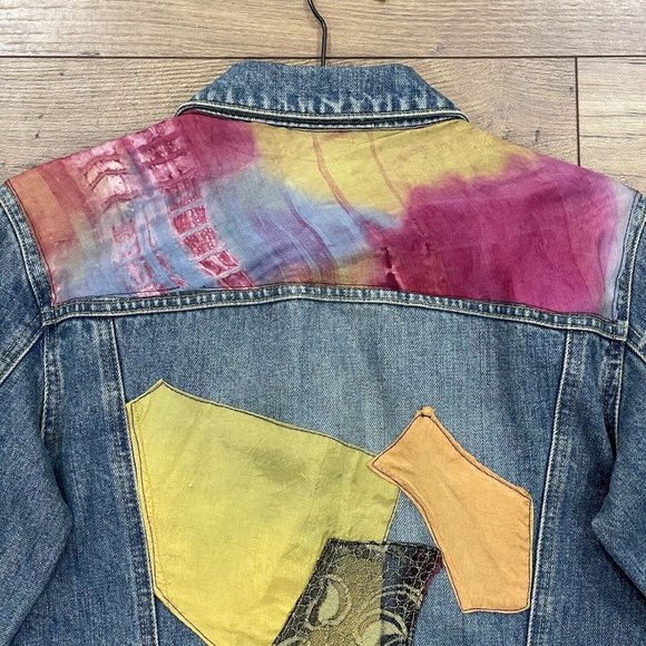 Old Navy Blue Jeans Jacket Women Medium Denim Upcycled Patchwork 80s 90s Vintage - Picture 7 of 14